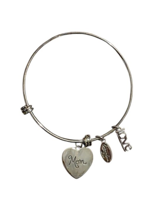 extraordinary life Jewelry - Sterling Silver Mom Heart Charm Bangle with LOVE and Oval Accents